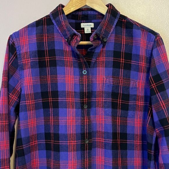 LL Bean Scotch Plaid Flannel Shirt Relaxed Purple Red Small Gorpcore Cabin Fall - Picture 2 of 9